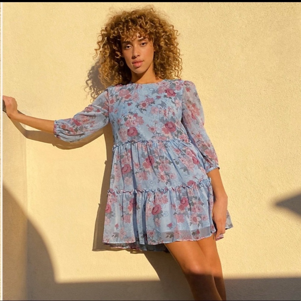 Aritzia Blue Tiered Ruffled Midi Dress with Bishop Sleeves